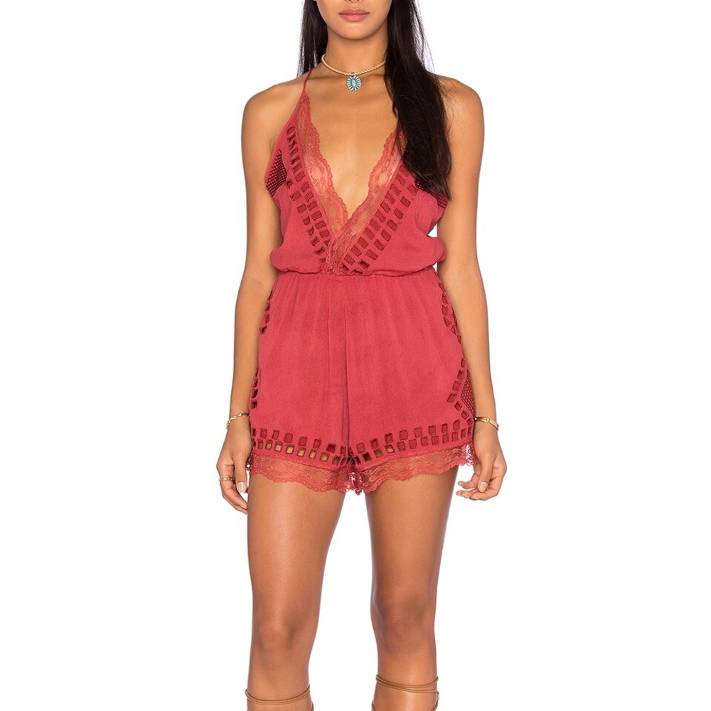 Tularosa (Revolve) Charmer Plunge Romper in Rusted Cherry Size M